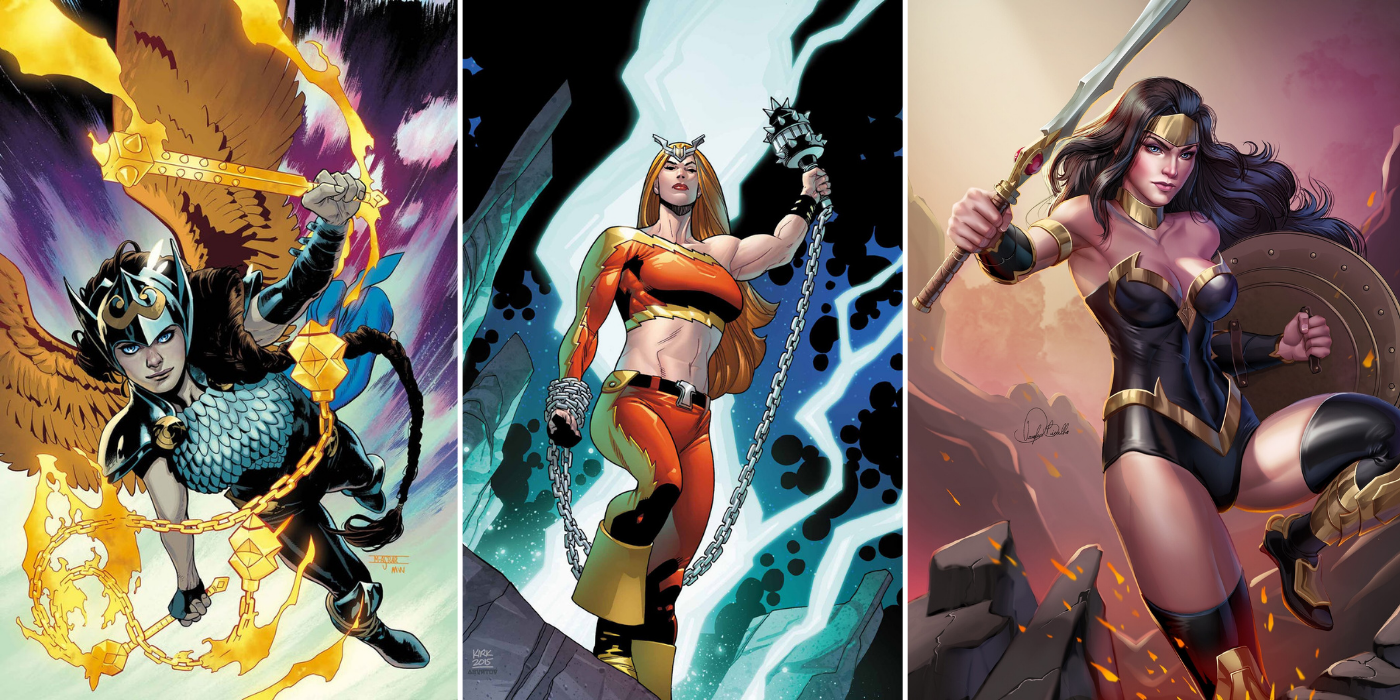 split image of Thundra, Valkyrie, and Power Princess from Marvel Comics