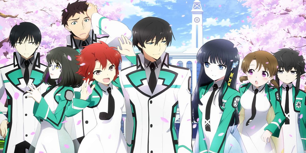 The main cast of The Irregular at Magic High School standing in front of First High School