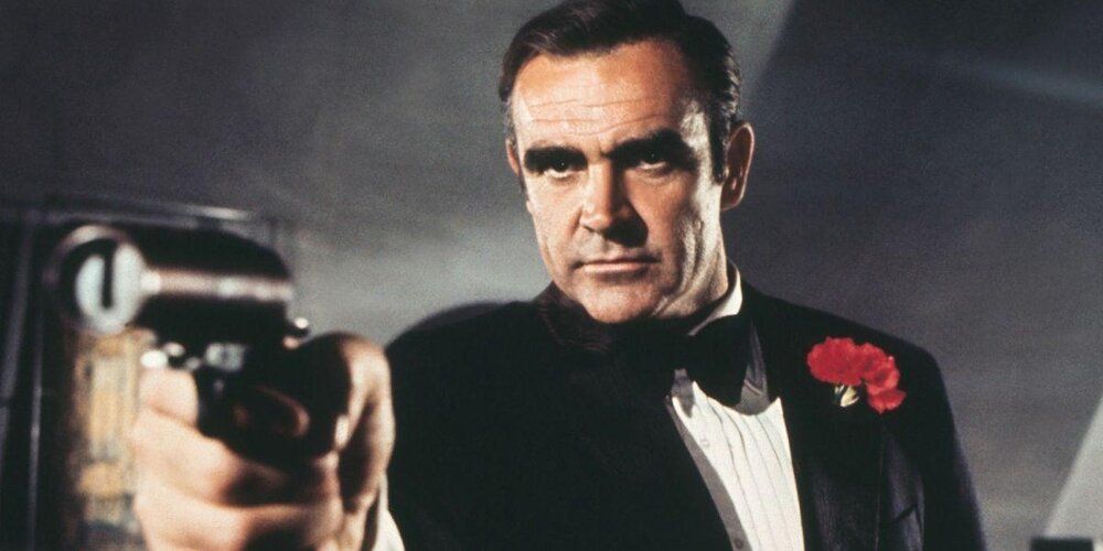 James Bond pointing a gun in Diamonds Are Forever