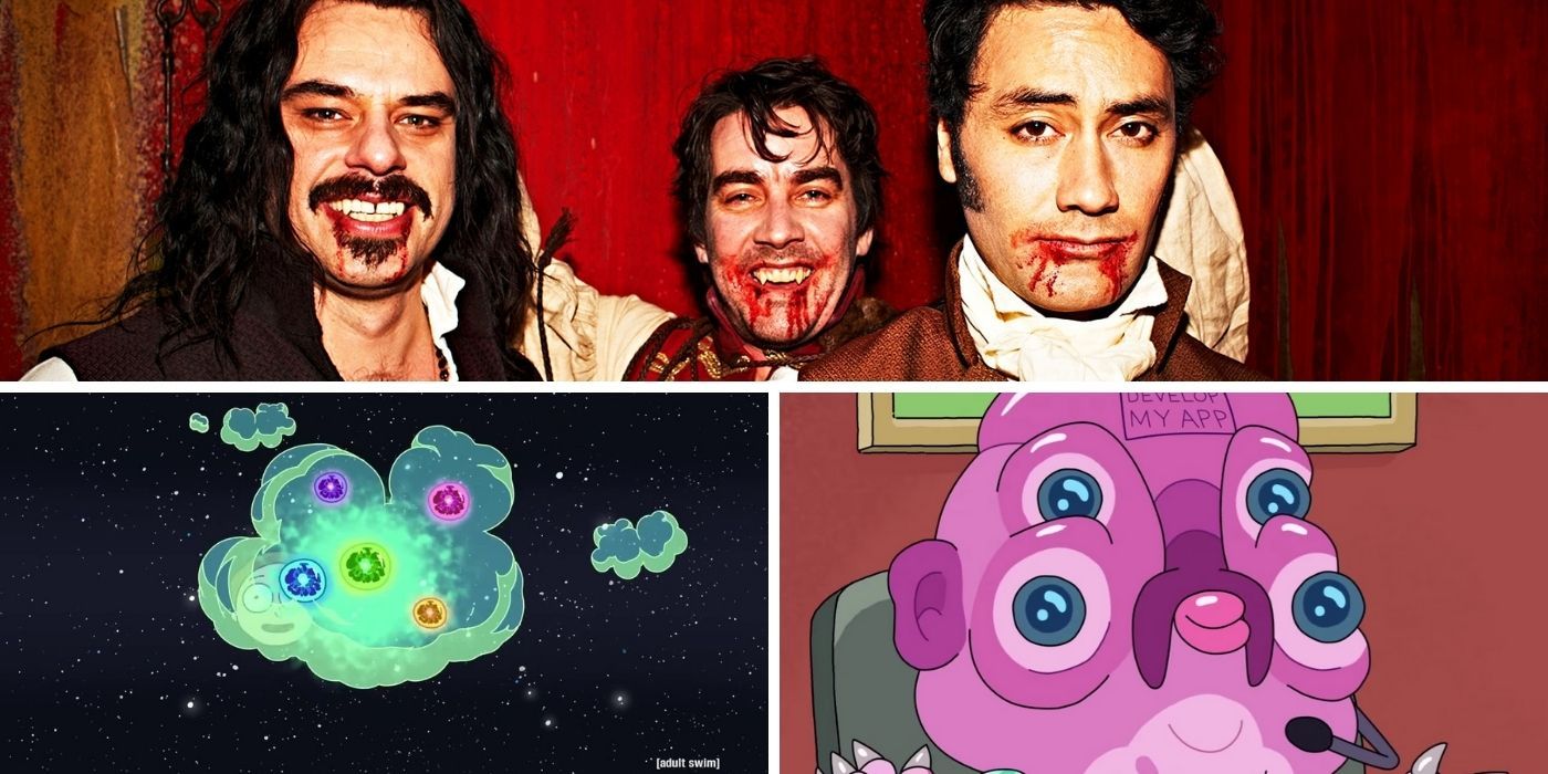 Jemaine Clement and Taika Waititi from What We Do in the Shadows above Fart and Glootie from Rick &amp; Morty