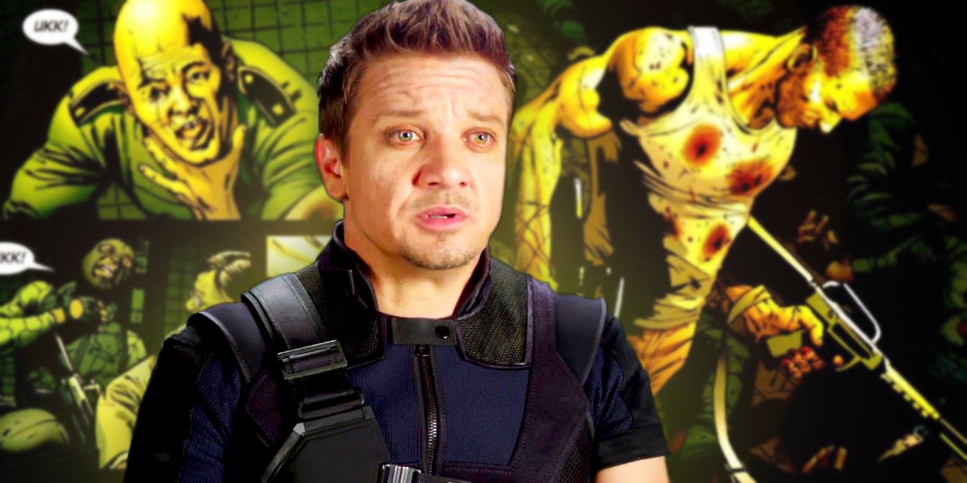 Jeremy Renner as Hawkeye looks uncomfortable about a violent Marvel comics scene