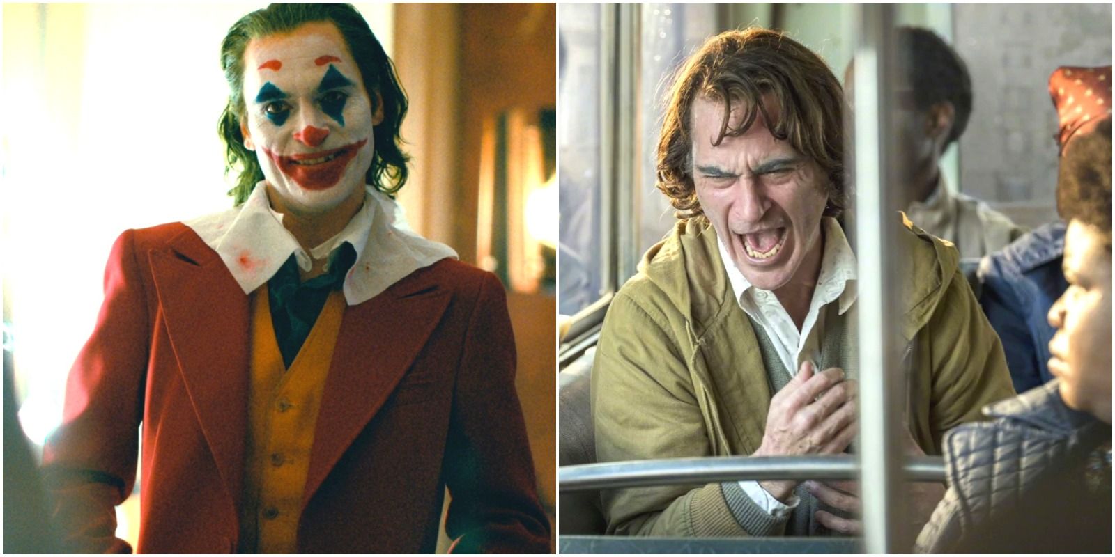 Arthur Fleck as the Joker and as himself crying on a bus from the Joker Film