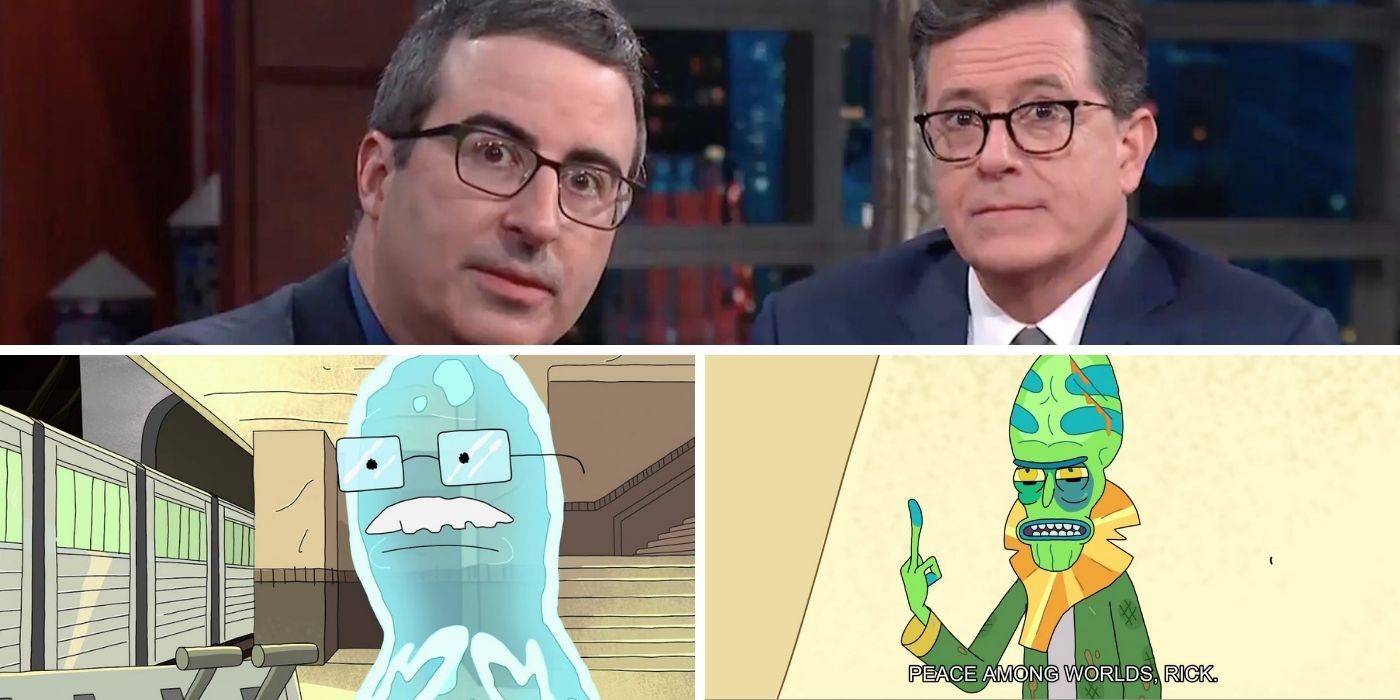 John Oliver and Stephen Colbert above their Rick &amp; Morty characters, Zeep and Dr. Xenon Bloom