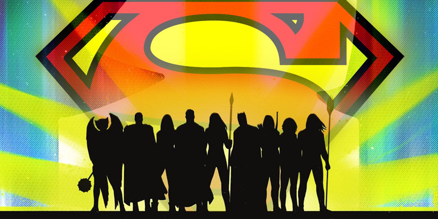 Justice League silhouettes in front of the Superman Symbol