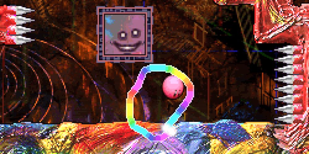 A rainbow path is creates for Kirby to travel in Kirby: Canvas Curse for the Nintendo DS