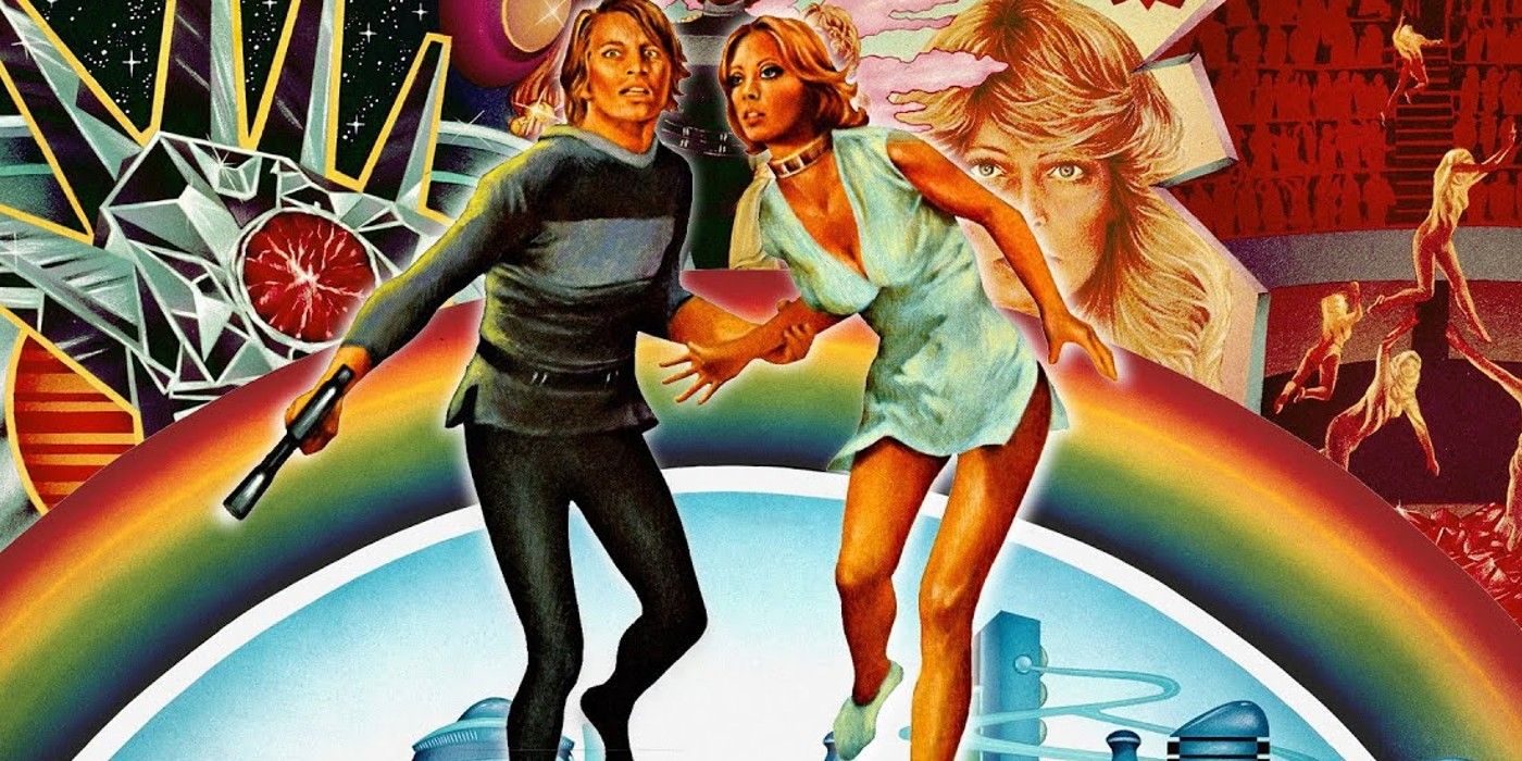 The poster for Logan's Run with Logan in the center holding a pistol and a woman in either hand.