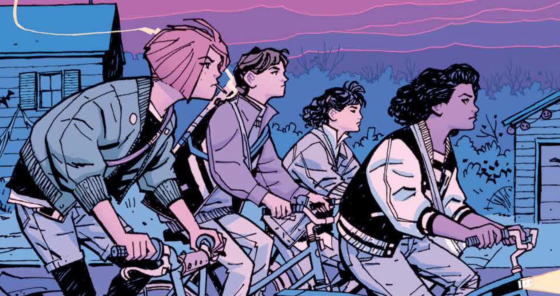The paper girls ride their bikes