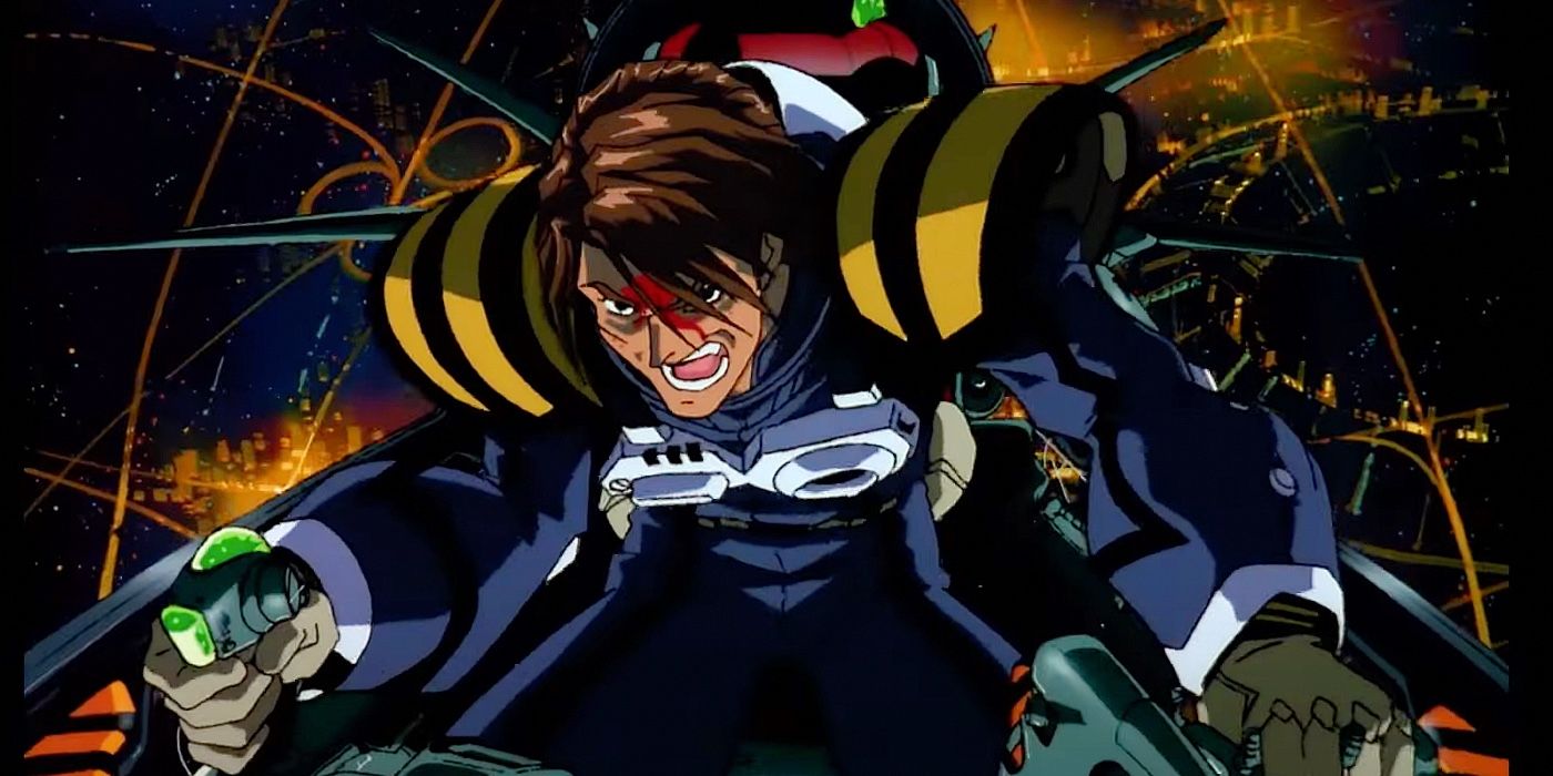 Isamu Dyson in the mecha cockpit during the movie, Macross Plus.