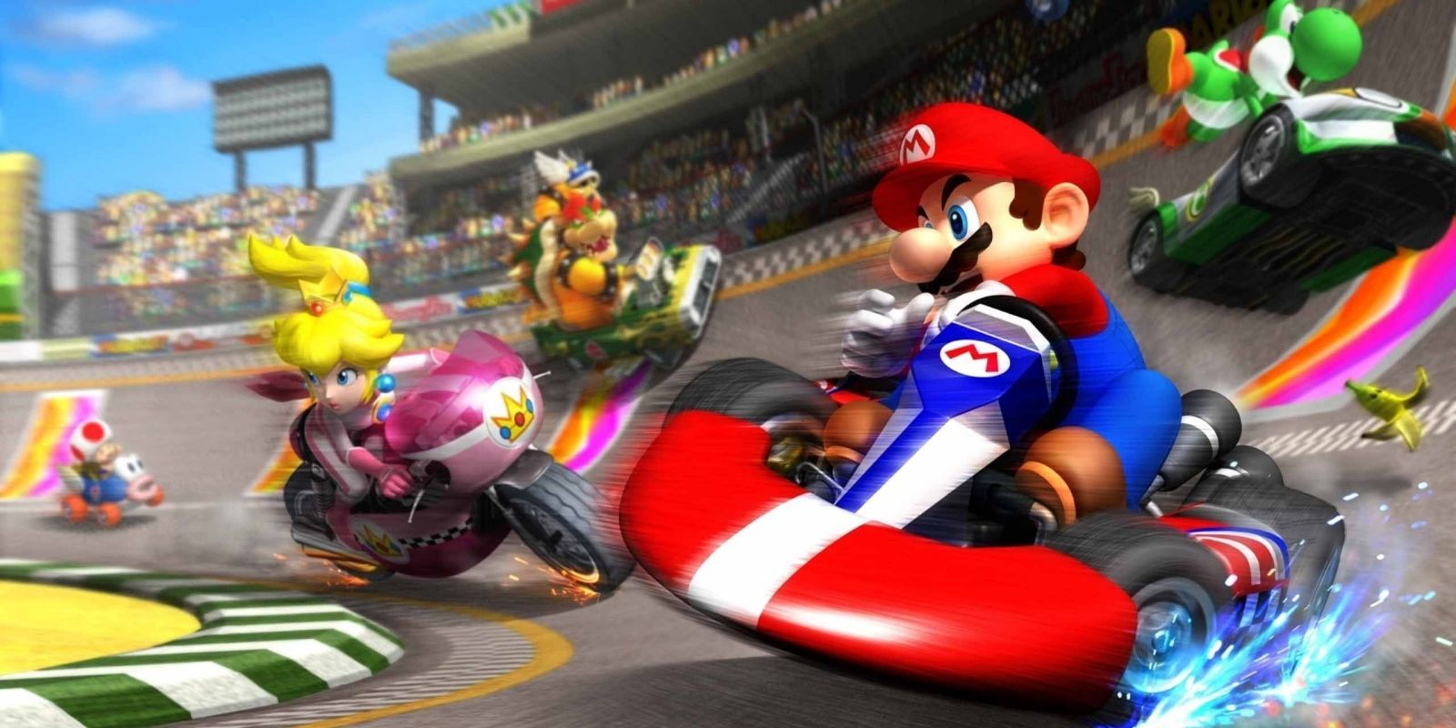 The characters of Mario Kart 8 engaged in a tight race