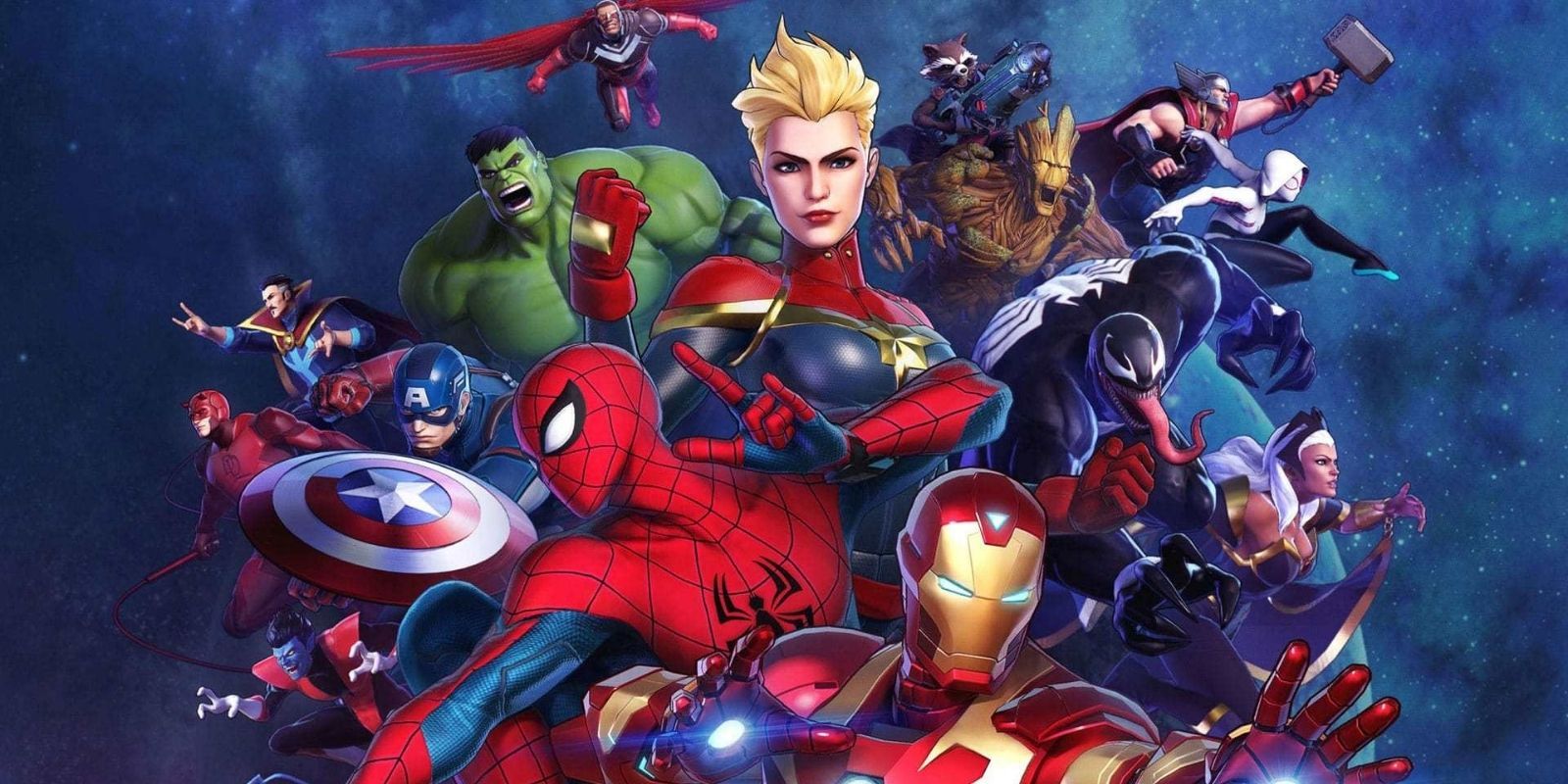 The cast of Marvel Ultimate Alliance 3, including Iron Man, Spider-Man, Captain Marvel and more