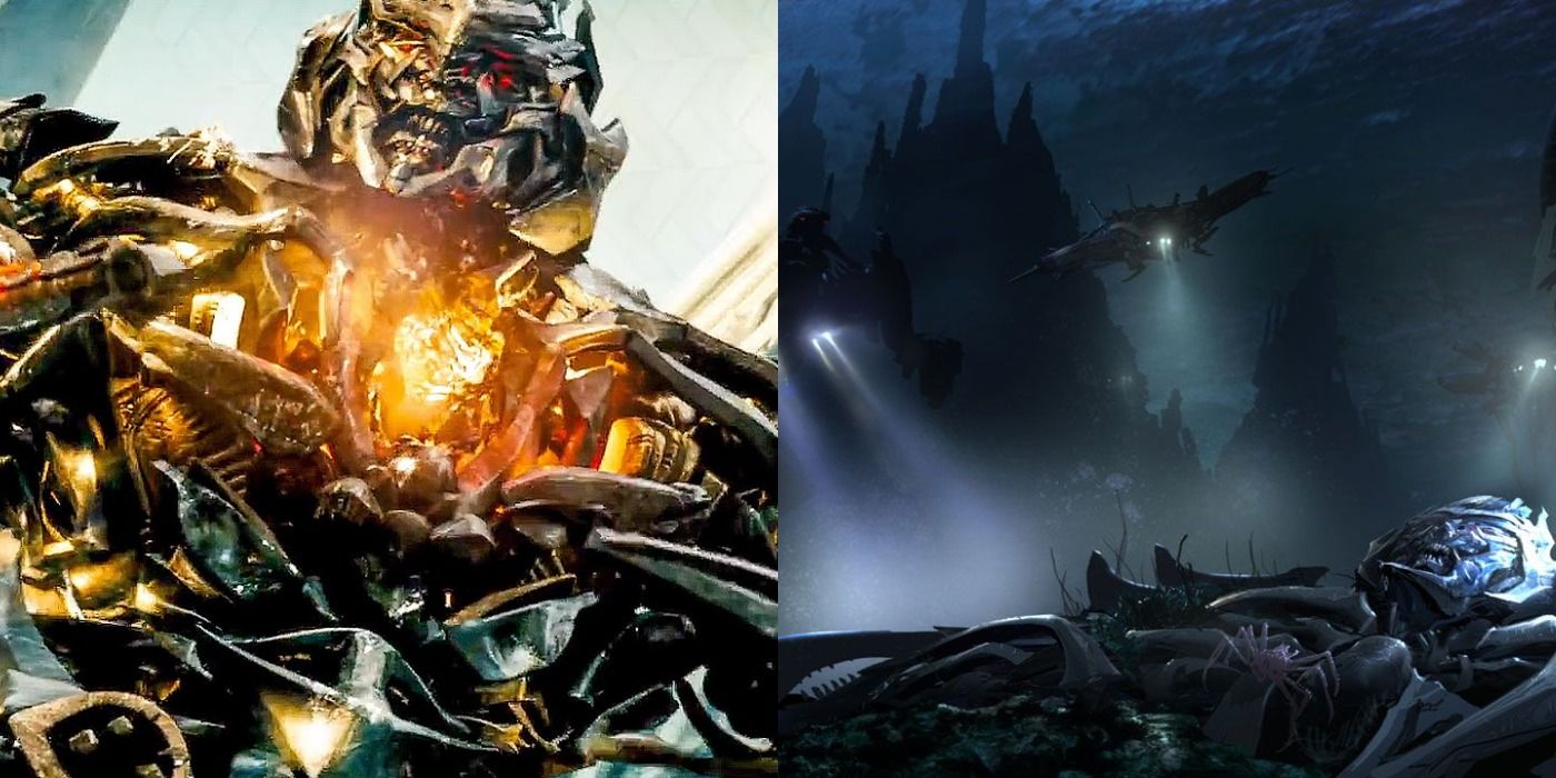 An image of Megatron's death in 2007's Transformers next to an image of his body about to be resurrected in 2009's Revenge of the Fallen.