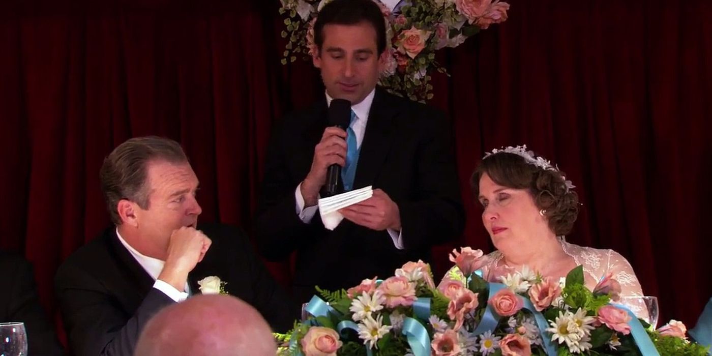 Michael Scott making an unwanted speech at Bob Vance and Phyllis's wedding in The Office