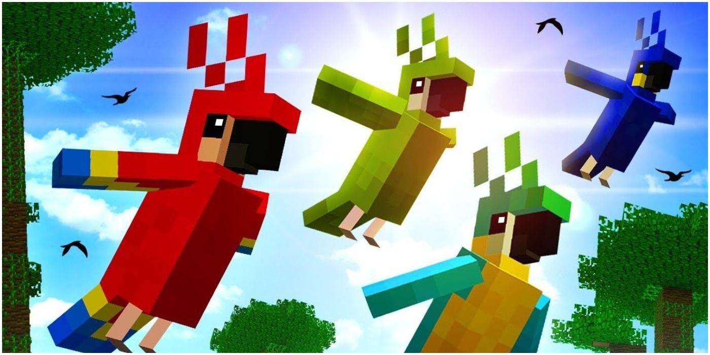 Minecraft Parrots Of Multiple Colors Flying Through The Trees