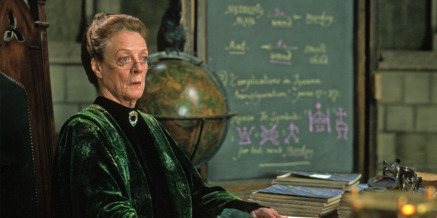 Minerva McGonagall teaching a class with a globe and blackboard behind her
