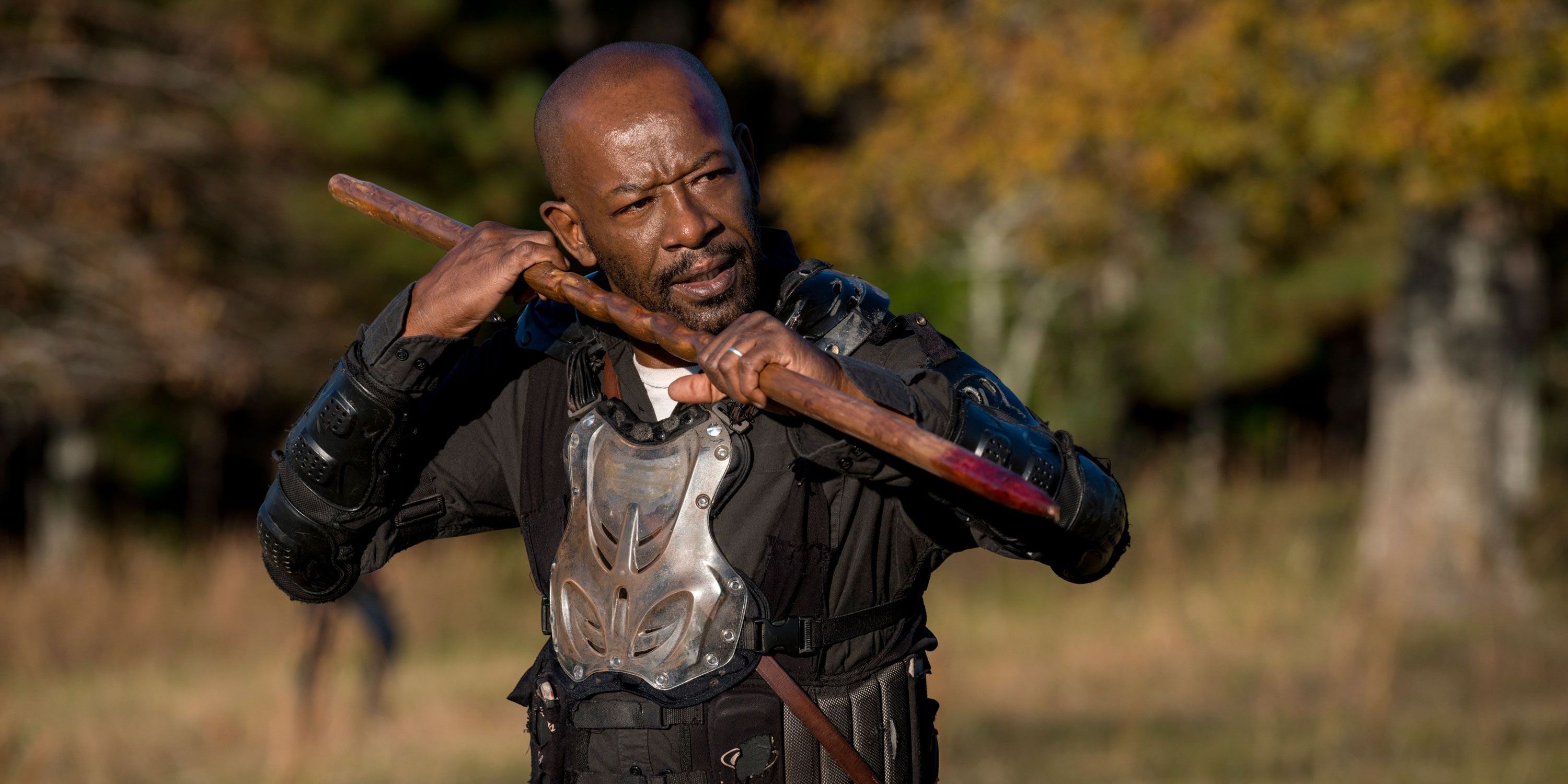 Morgan Jones wielding his staff in The Walking Dead