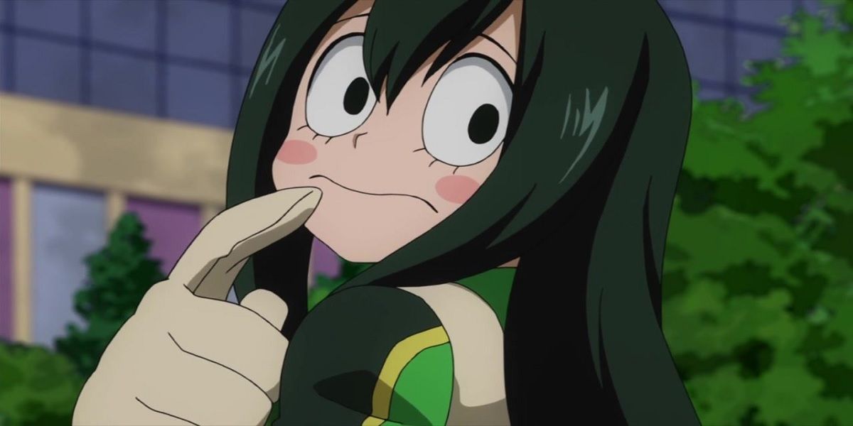 tsuyu asui with a finger on her chin