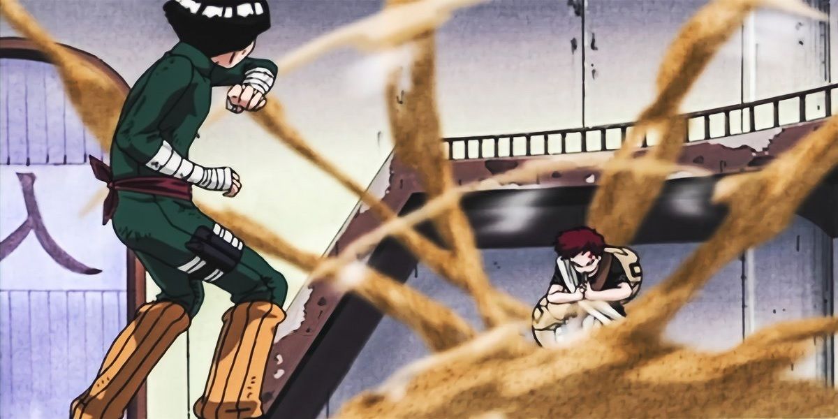 Rock Lee fighting Gaara during the Chunin Exams in Naruto.