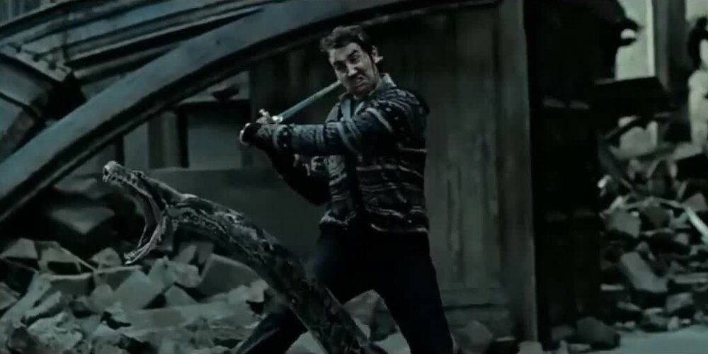Neville uses the sword of Gryffindor to kill Nagini in Harry Potter and the Deathly Hallows - Part 2