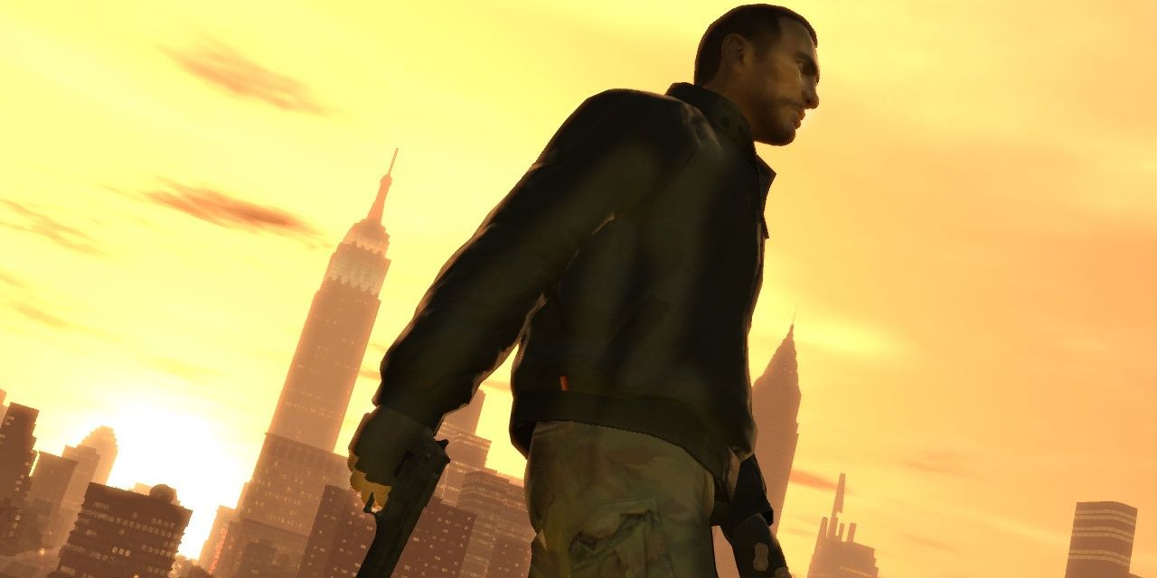 Niko From GTA 4 Walks Against City Skyline With Pistol In Hand