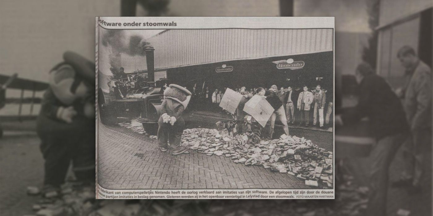 A 1994 Dutch newspaper clipping depicting a steamroller curshing counterfit GameBoy games.