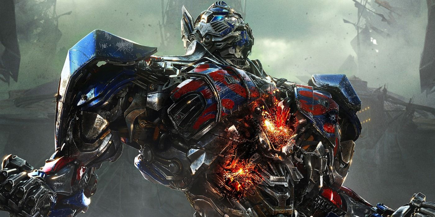 A promotional image for Transformers: Age of Extinction that features Optimus Prime.