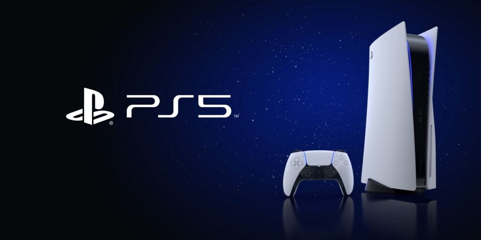 The PlayStation 5 and DualSense controller on a black and blue background