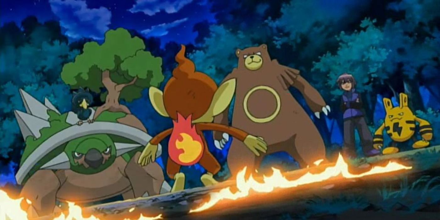 Pokemon Paul attacking Chimchar with Torterra Murkrow Ursaring Elekid
