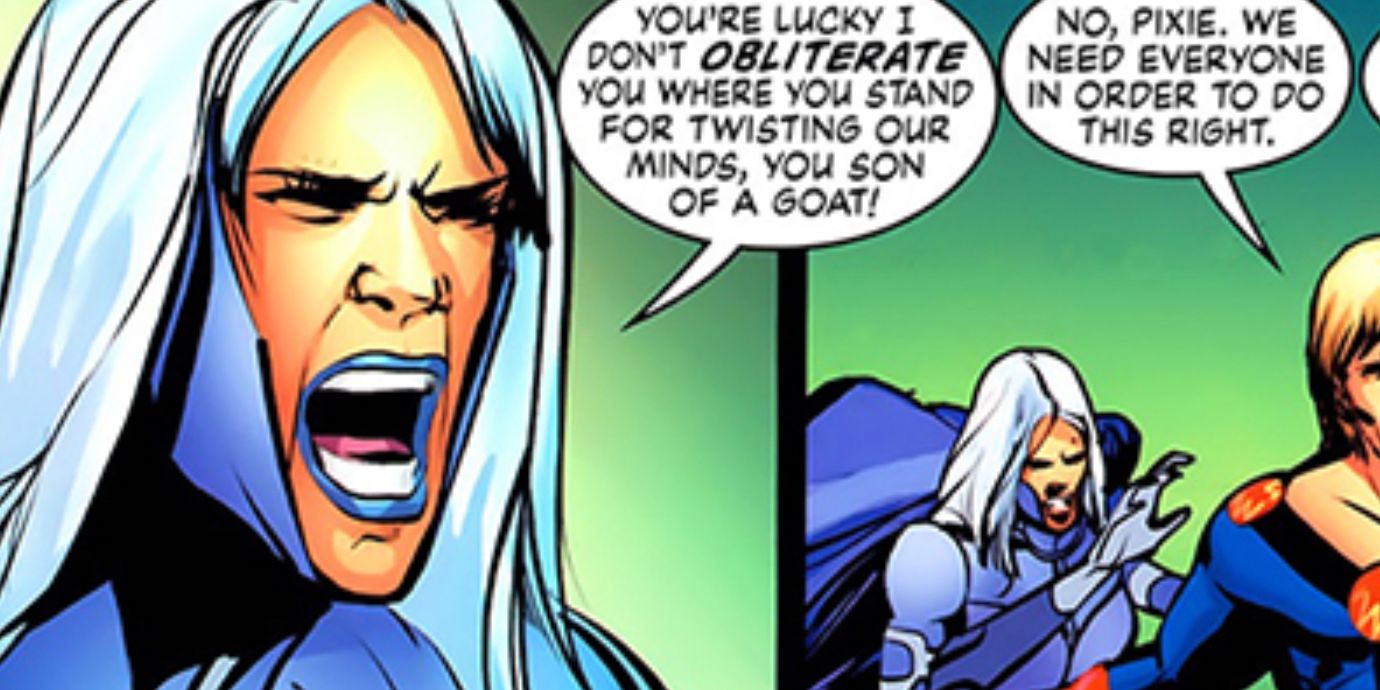 Pixie yells at the other Eternals in Marvel comics