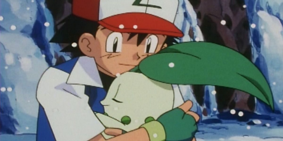 Ash hugging Chikorita in the Pokémon anime.