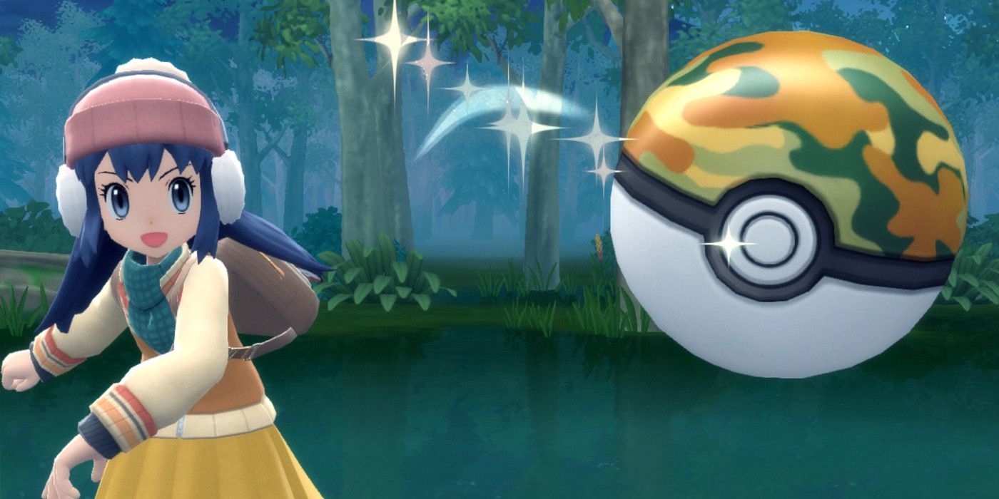 A character throwing a Poke Ball to catch a Pokemon in Brilliant Diamond/Shining Pearl