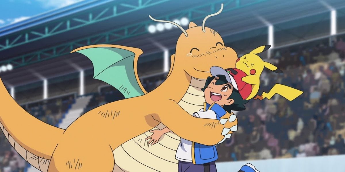 dragonite hugging ash in the pokemon anime