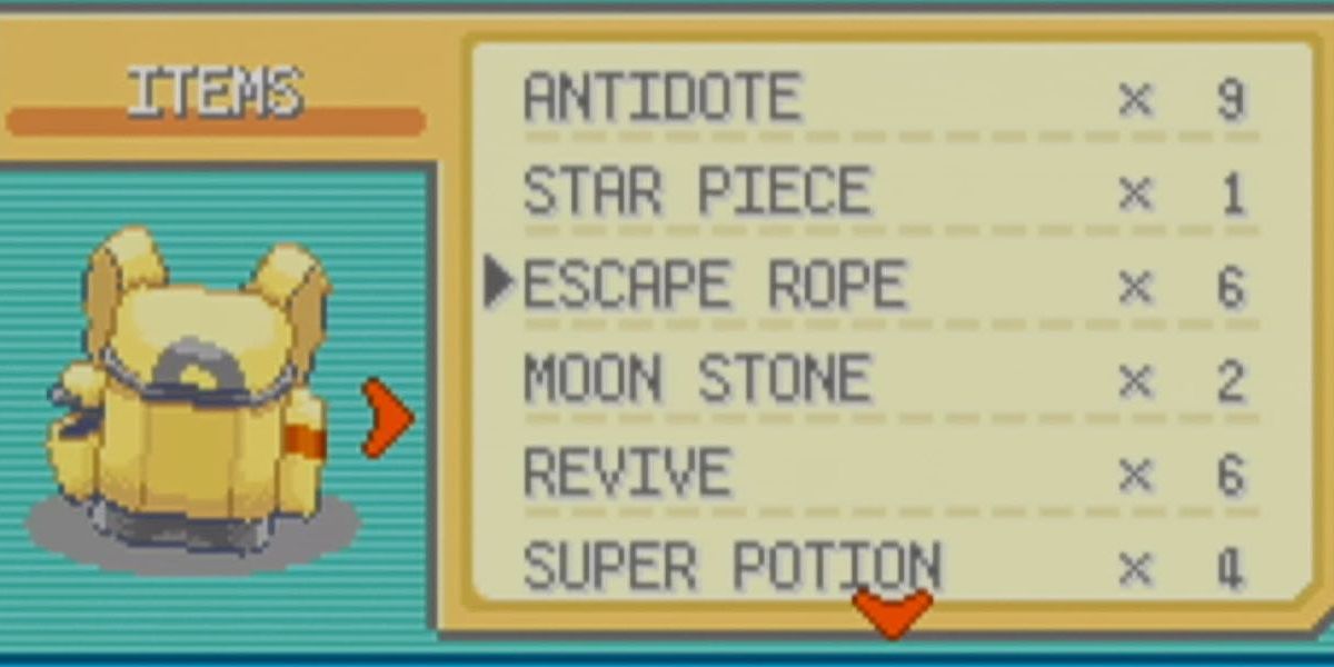 The Item Bag Showing Antidote, Star Piece, Escape Rope, Moon Stone, Revive, And Super Potion