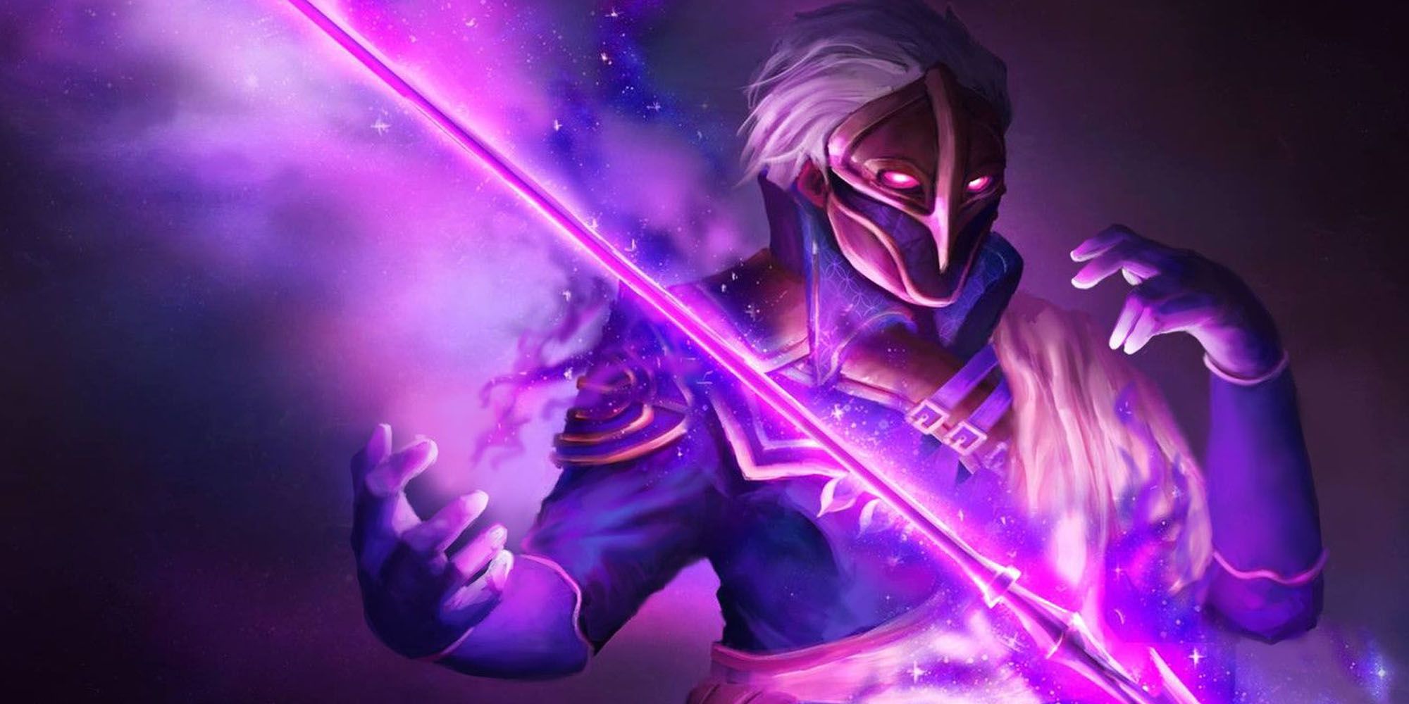 A masked DnD mage wielding a purple magic lance