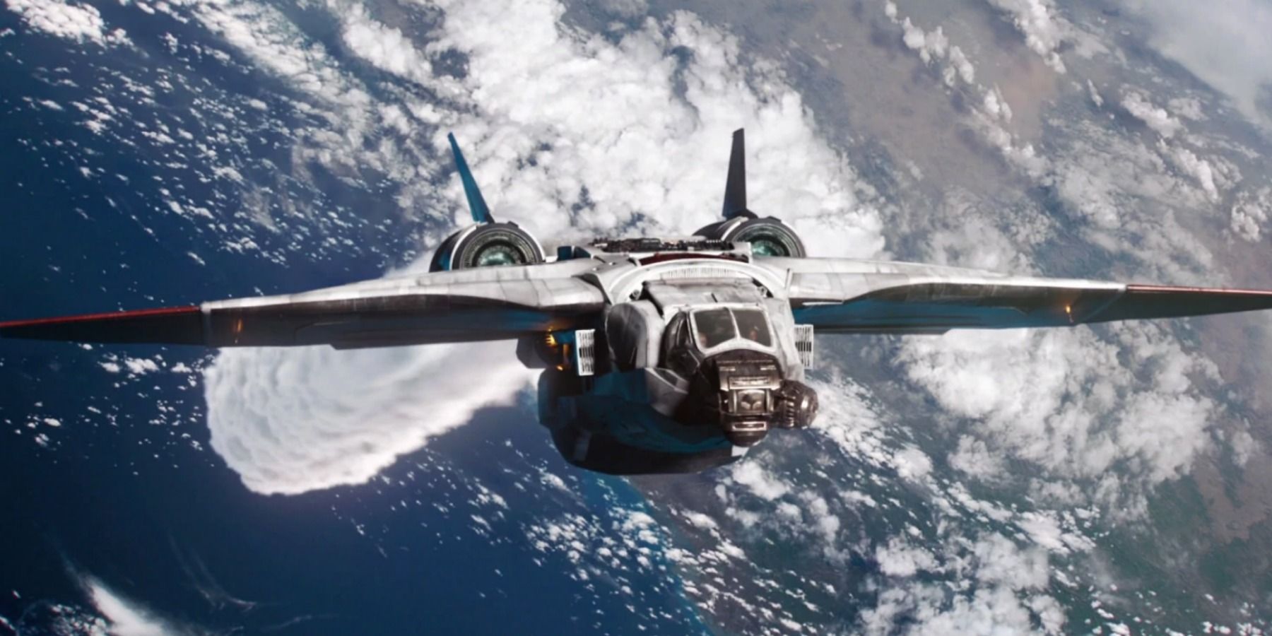 A quadjet above Earth in Captain Marvel