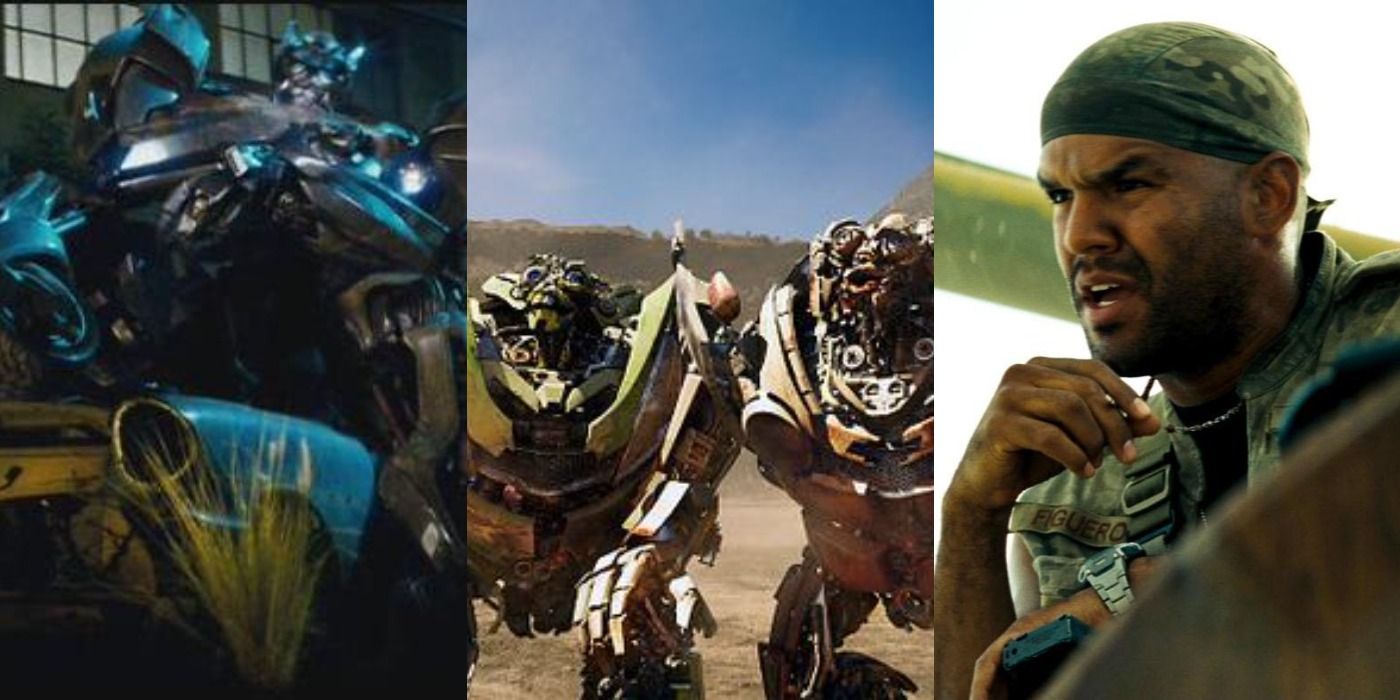 A combined image featuring characters from the Transformers films that either embody harmful racist stereotypes or are subjected to racism: Jazz on the left, Skids and Mudflap in the middle, and ACWO Jorge &quot;Fig&quot; Figueroa.