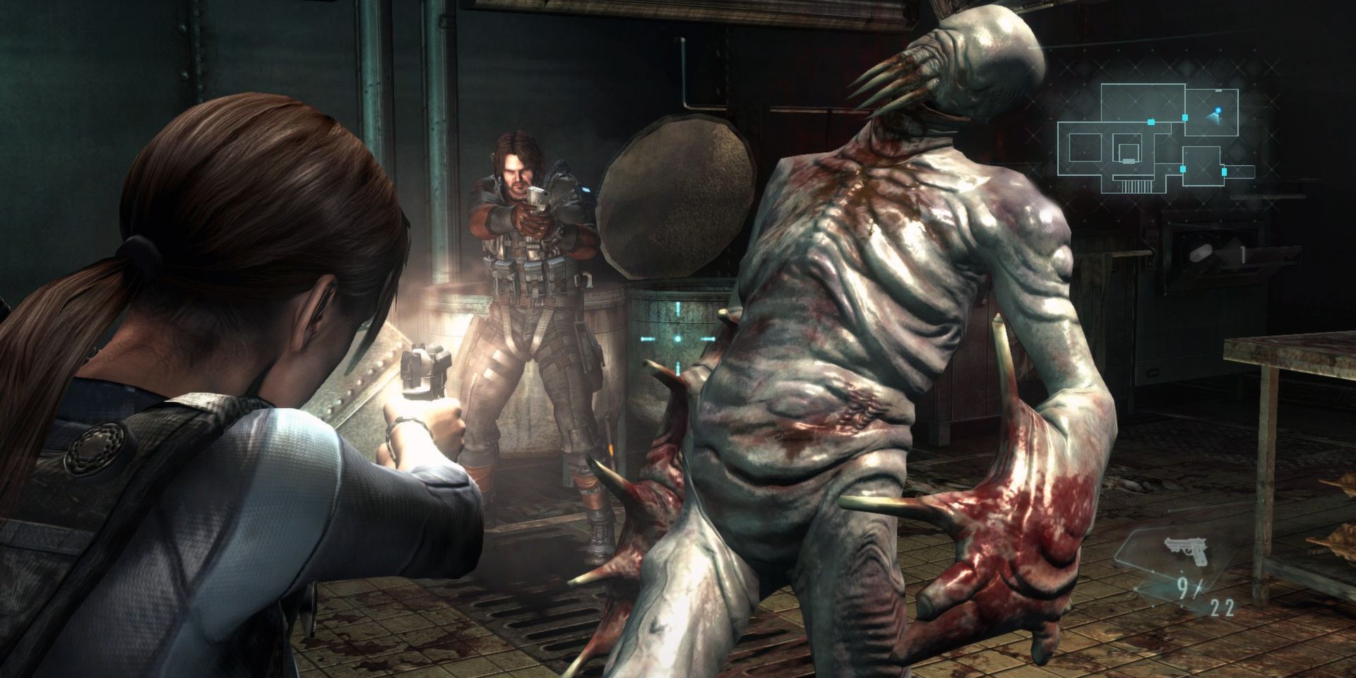 Jill Valentine and Chris Redfield fighting a creature in Resident Evil Revelations