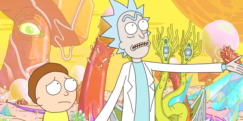 Rick Sanchez and Morty Smith on an alien world in Rick and Morty