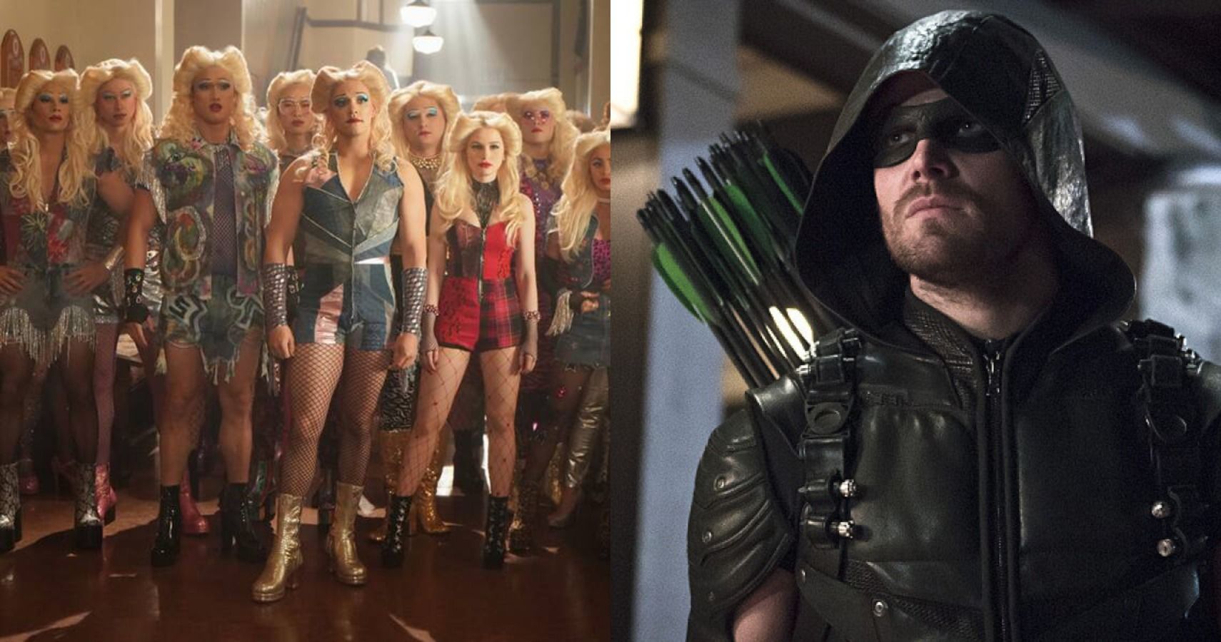An image from a musical episode of Riverdale next to an image from an action scene from Arrow.