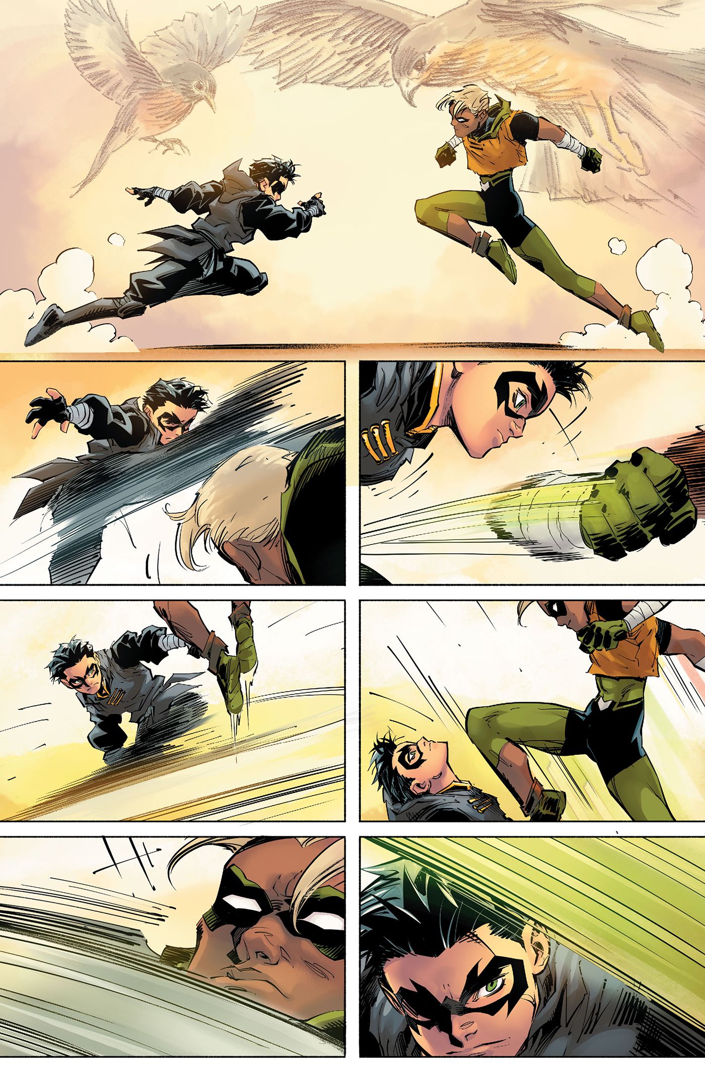 Damian and Connor begin to fight and evade one another's attacks.