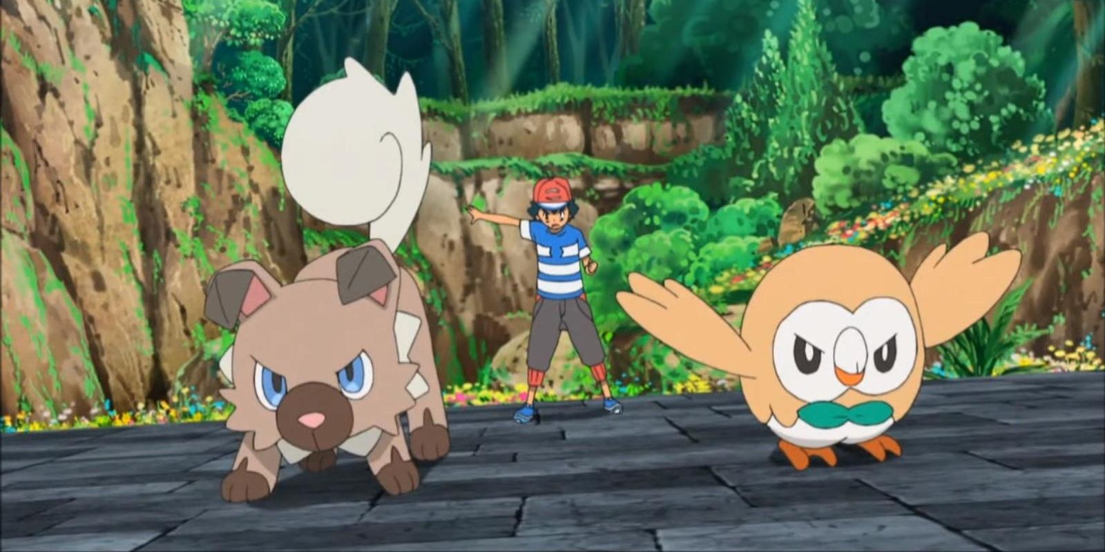 Ash versus Olivia Rockruff and Rowlet going up against Probopass and Lycanroc