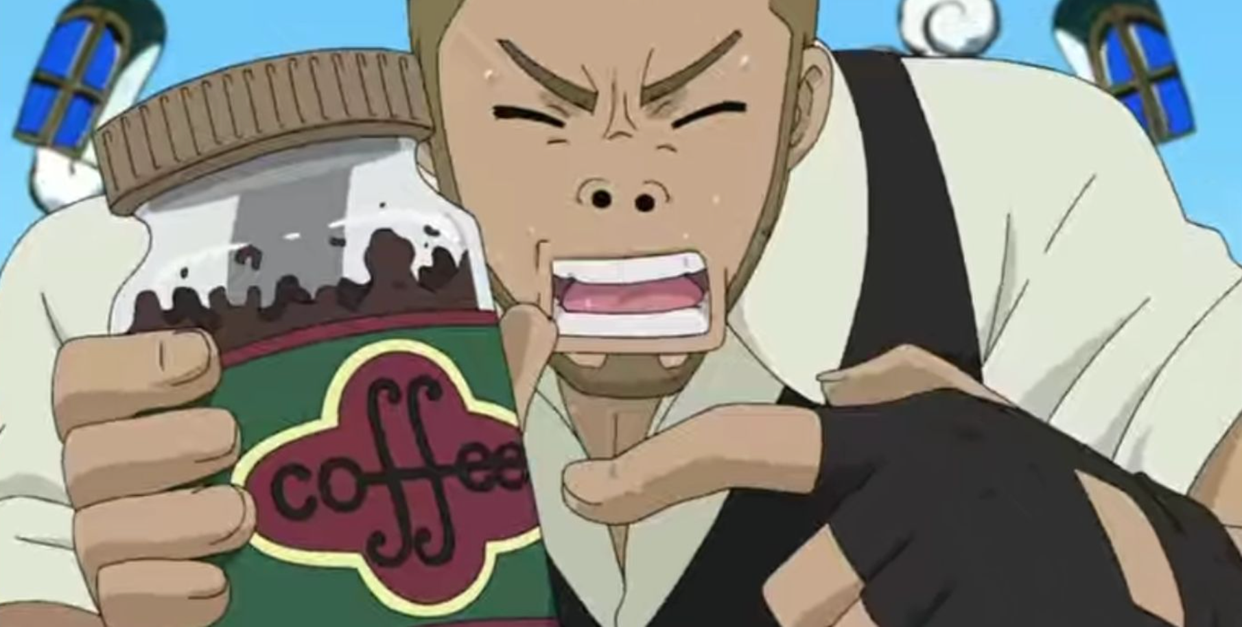 BJ pointing at coffee in Soul Eater.