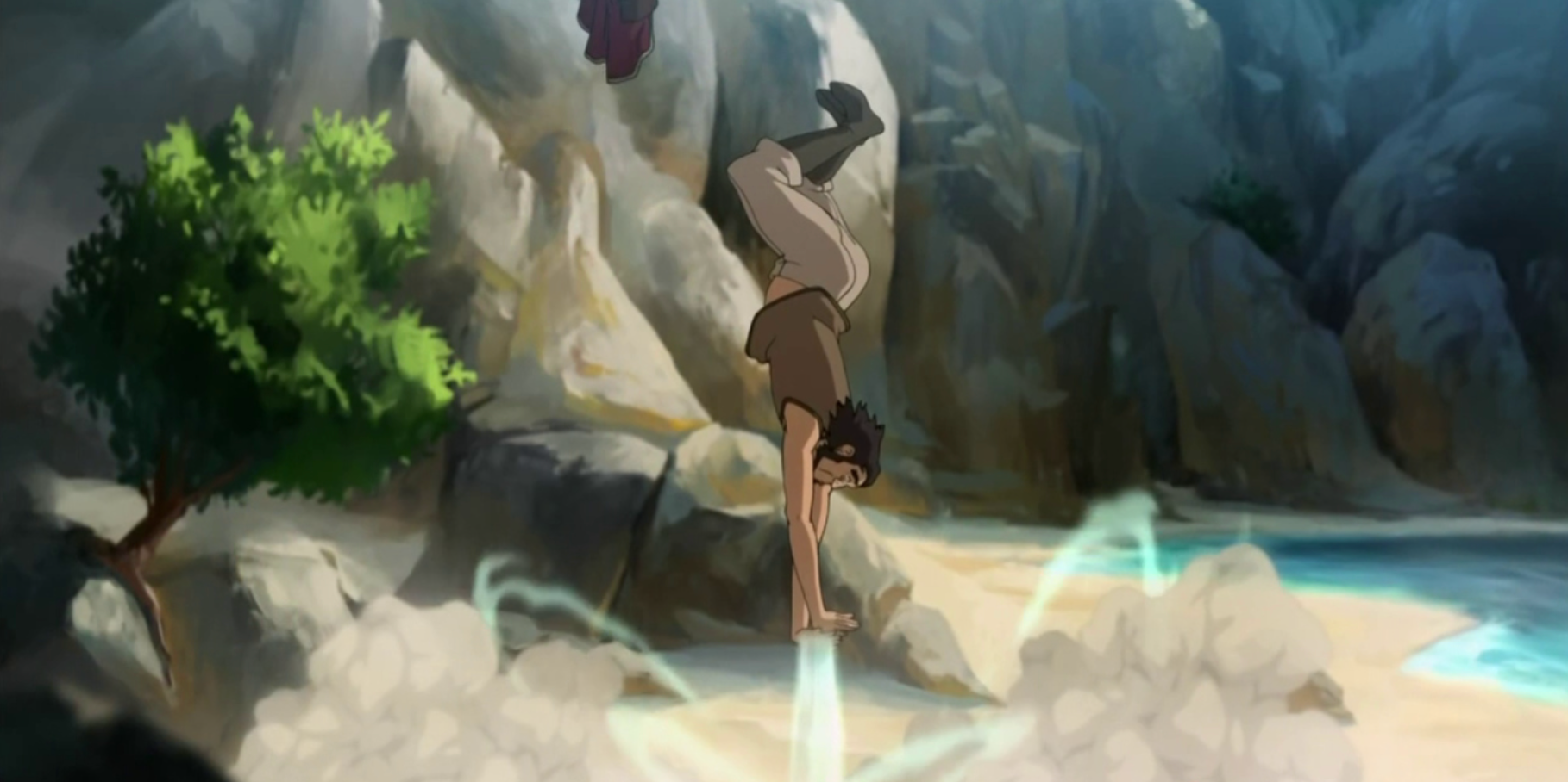 Bumi using airbending to stop himself from falling