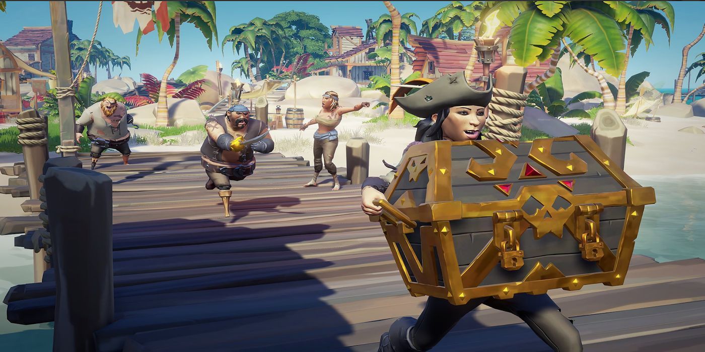 sea of thieves character running with a treasure chest