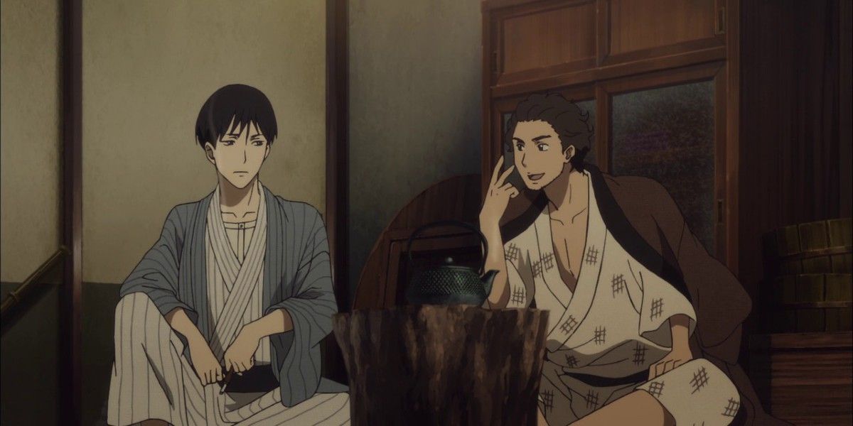 Sukeroku and Mangetsu are sitting and talking.