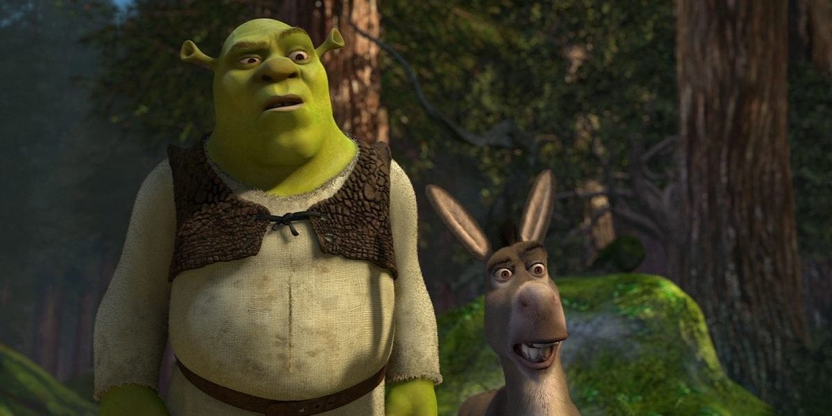 Shrek and Donkey looking confused in a forest in Shrek
