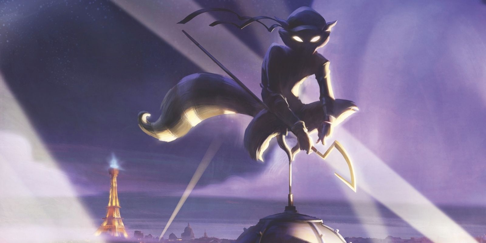 Sly Cooper sitting on a spire, surrounded by spotlights