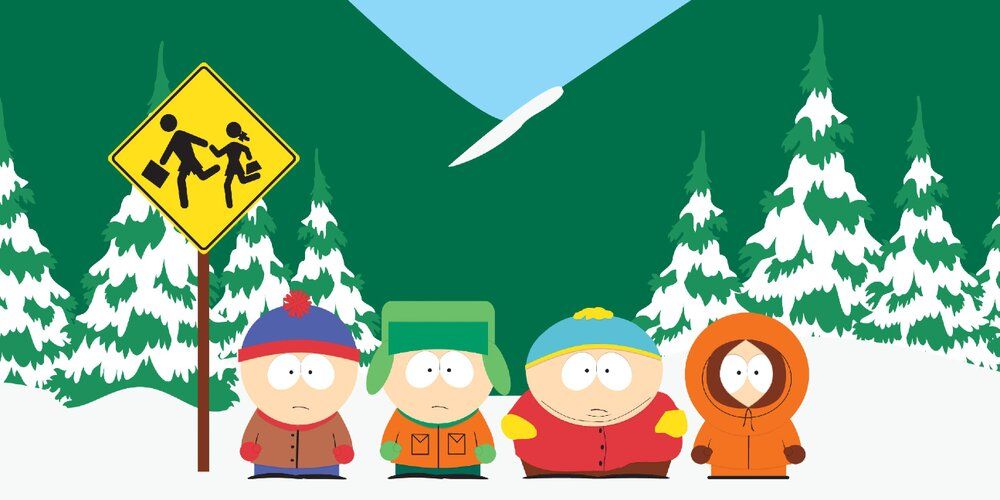 Kyle, Stan, Cartman and Kenny at the bus park in South Park