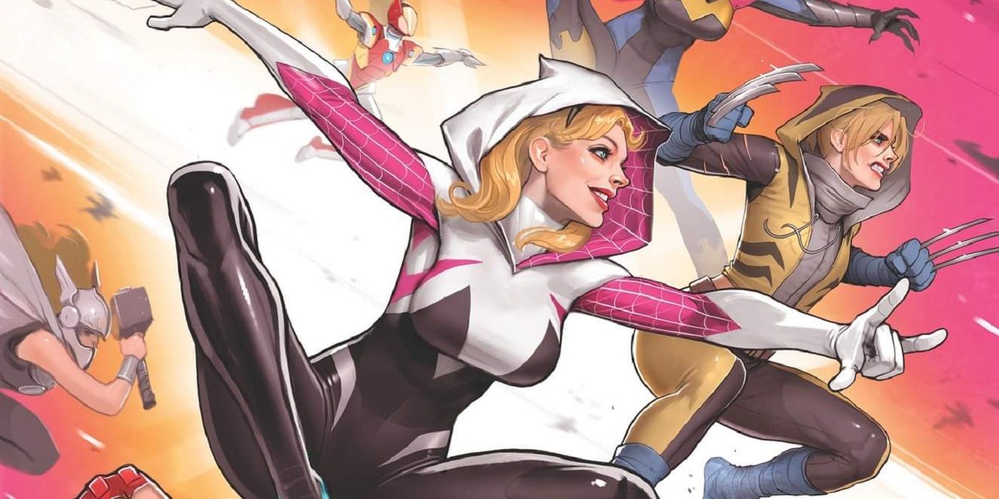 Ghost Spider and other Gwen Stacy variants on the cover to Spider-Gwen Gwen-Verse 1 by David Nakayama