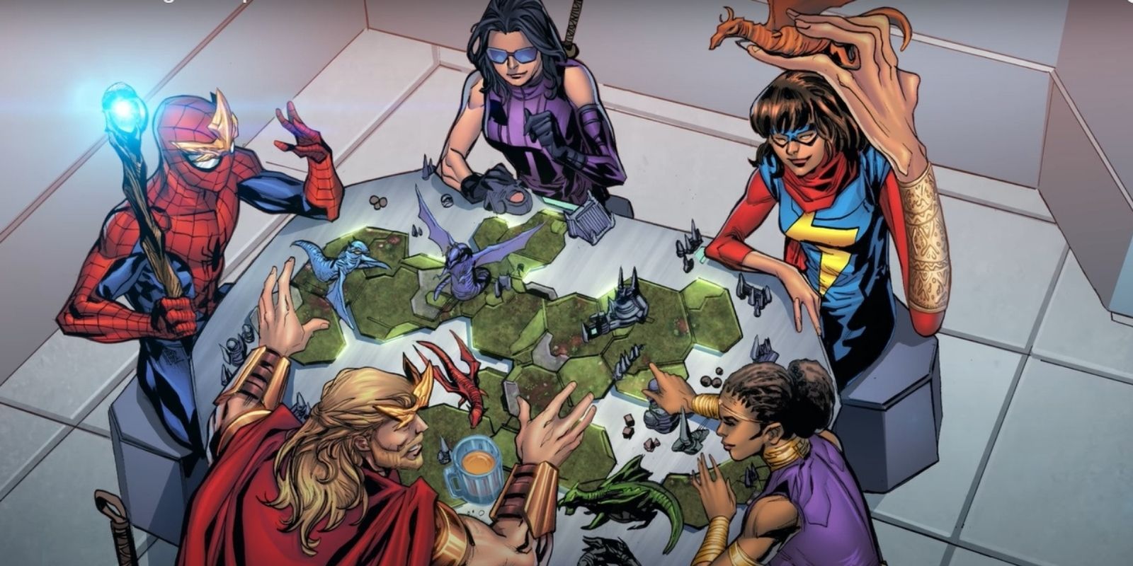 Spider-Man, dressed as a wizards, plays Dungeons & Dragons with Kate Bishop, Kamala Khan, Thor and Shuri