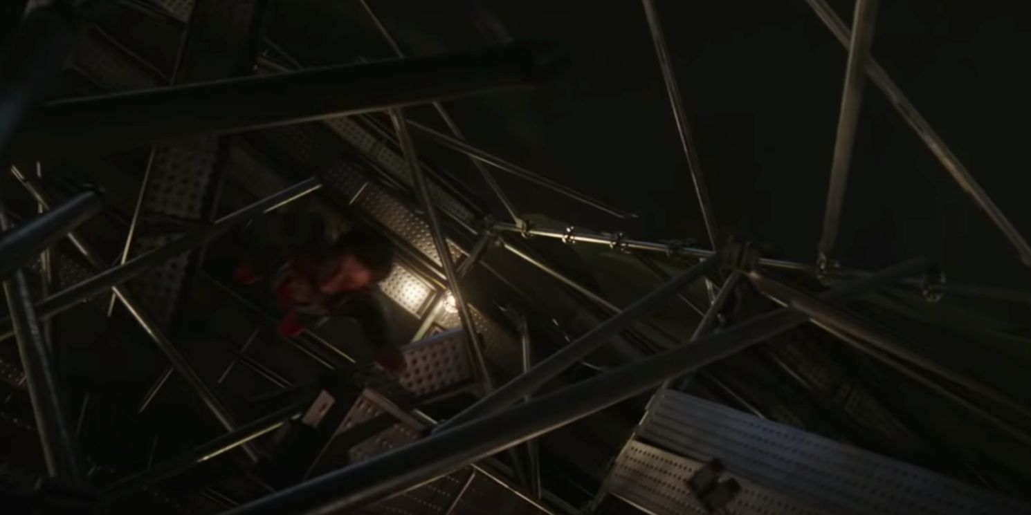 Spider-Man leaps through scaffolding in No Way Home